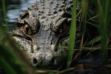 Obraz premium The close-up eye of a crocodile peering through the grass