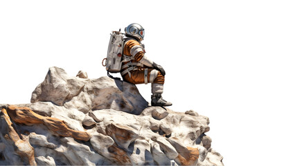Spaceman on rock edge isolated on white background. Generative Ai.