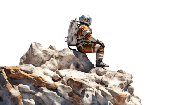 Spaceman on rock edge isolated on white background. Generative Ai.