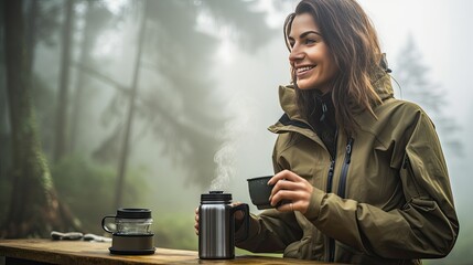 Happiness is being alone with yourself. Cheerful Caucasian woman enjoys a morning cup of coffee near her tent, alone with nature. The breath of the morning foggy forest. - obrazy, fototapety, plakaty