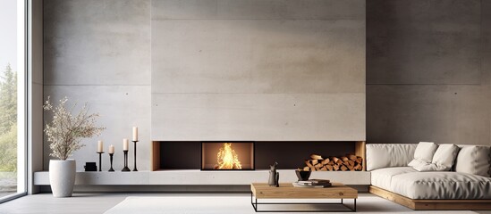 Modern living room with concrete fireplace shot