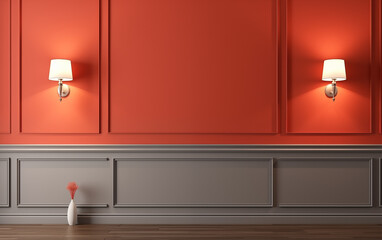 Coral wall mock up with copy space in classic style with wall lamps and brown parquet
