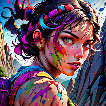 splatter ink, epic comic style, triadic colors,  gorgeous beautiful women, She is playing Rock Climbingin. ai generative