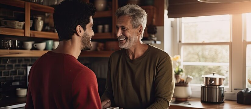 Youthful man brings coffee to older, joyful father in kitchen.