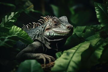 Fototapeta premium A green iguana surveys its territory from a branch amidst lush foliage