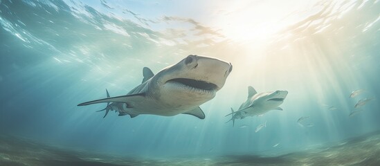 Scalloped hammerhead sharks filmed swimming from a low angle in the sea. - obrazy, fototapety, plakaty