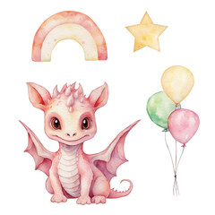 Watercolor cute baby dragon set