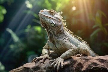 Fototapeta premium Iguana basking on a rock in natural sunlight