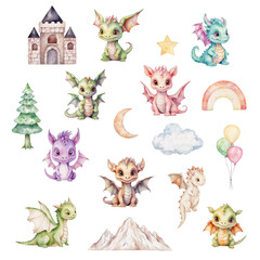 Watercolor cute baby dragon and other nursery elements set