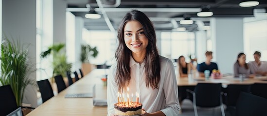 Young woman in modern office celebrates birthday with colleagues. - Powered by Adobe