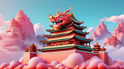 Beautiful chinese dragon mythology on cloud. Chinese castale. Pastel color tone, 3D style