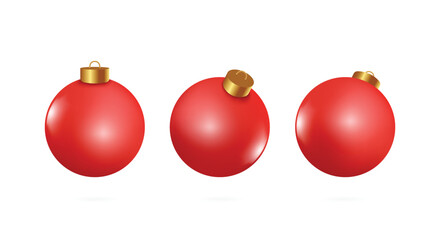 Red shiny Christmas or New Year decoration balls 3 perspectives on white background for Christmas advertising design