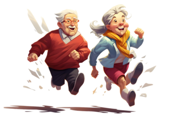 The elderly couple running a marathon. Generative Ai.