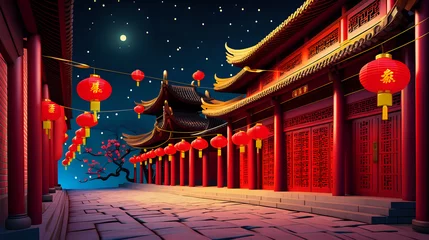 Plexiglas foto achterwand Traditional lanterns with chinese castal. night time, 3D style © Nittaya