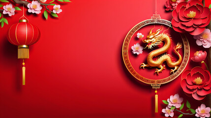 Chinese New Year 2024 template. Dragon and flowers frame on red background.