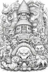 A blowout monster party, clean line, coloring page for adults