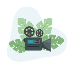 Video Camera flat design vector Illustration Icon decorated with leaves for web use for cinematographic, video, recording, camera