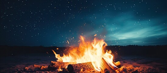 Nighttime bonfire spark with shallow focus in the dark sky.