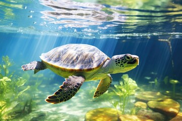 A lone sea turtle traverses the tranquil underwater world