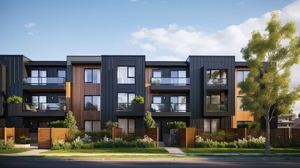 Appearance of residential architecture. Modern modular private townhouses. Residential minimalist architecture exterior. A very modern neighborhood, late afternoon or morning shot. - obrazy, fototapety, plakaty
