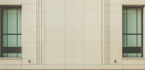 Two windows on the side of a modern classical style building with symmetrical square false block marks 