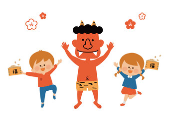節分　鬼と子供達のイラスト素材