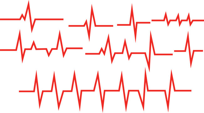 heart beat cardiogram. heart beat on ecg set. Red heartbeat line icon set. vector illustration. Pulse trace. EKG and Cardio symbol. Healthy and Medical concept. Vector illustration.	