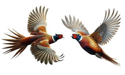 A set of Ring-necked Pheasants flying isolated on a transparent background