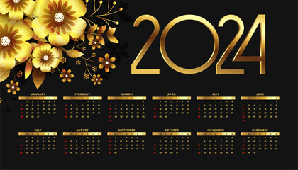 black and golden 2024 annual calendar template with floral decoration - obrazy, fototapety, plakaty