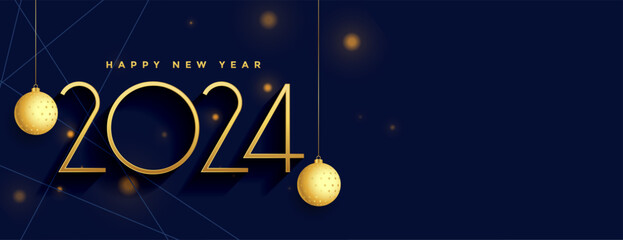 happy new year 2024 greeting wallpaper with hanging xmas ball - obrazy, fototapety, plakaty