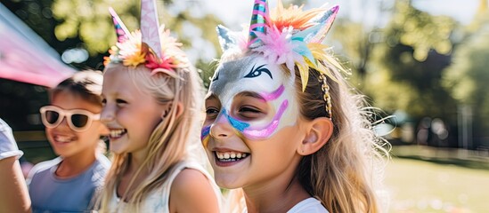 Kids engaging in creative activities with a painter at a birthday party, getting a unicorn face painting. - obrazy, fototapety, plakaty