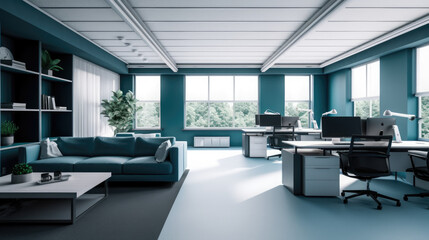 Fototapeta na wymiar cubical office space with blue and white tiled floors and open windows, AI Generated
