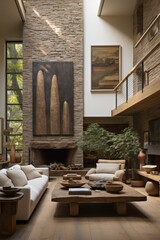 Spacious Living Room with High Ceilings and Stone Fireplace