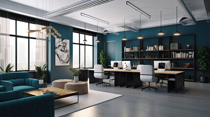 cubical office space with blue and white tiled floors and open windows, AI Generated