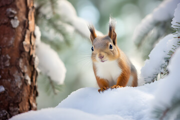 Naklejka na ściany i meble Squirrel sitting in snow covered tree