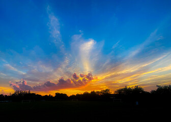 sunset with pink and orange clouds above a silhouette of trees