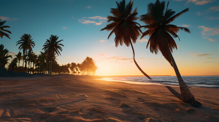 Palm trees on the golden sand as the sun sets