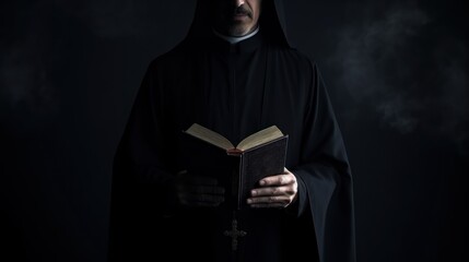 Catholic priest in black robe holds Holy Bible standing in old church closeup. Senior pastor with book prepares for service in wooden building. Man of God prays during ceremony in country church - obrazy, fototapety, plakaty