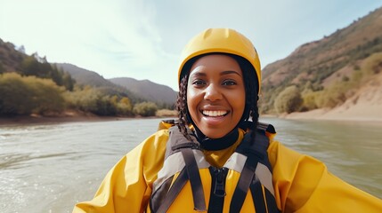 Joyful African-American woman makes selfie rafting on wide calm river closeup. Happy black...