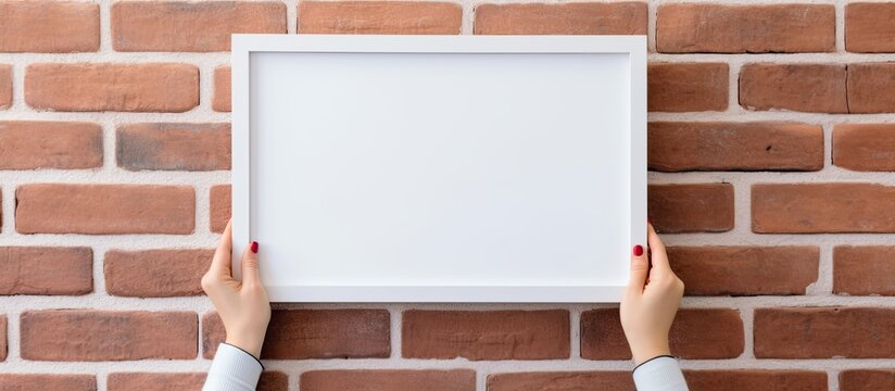 Woman displays photo frame on brick wall, enhancing home decor.