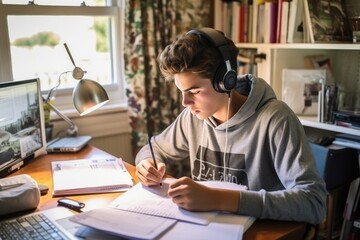 Serious student guy in headphones sits at table at home writing in copybook, he listening to educational podcast and takes notes new information, preparing for exams using tech.