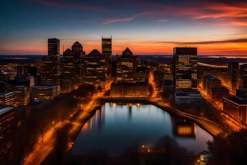 Urban Montreal captured during a vibrant sunset, featuring iconic landmarks bathed in warm hues, reflecting in the waters