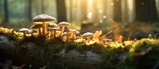 Forest mushroom collection with sunlight filtering through trees.