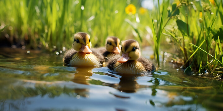 child ducks duckling on the water, Duckling Swimming Image, Yellow duckling quacks at reflection, 