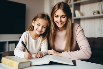 Mom helps daughter do homework sitting at table writing in notebook right answer. Girl asks mother to help with homework at table with laptop. Mom in cozy modern apartment helps daughter with lessons