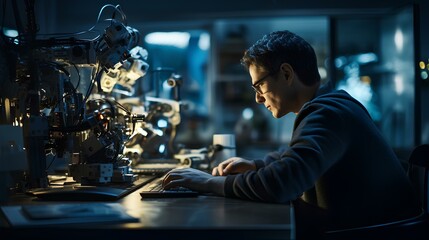 A robotic engineer programming a state-of-the-art AI robot. His workspace is filled with advanced technology and robot parts. generative AI - obrazy, fototapety, plakaty
