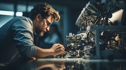 A robotic engineer programming a state-of-the-art AI robot. His workspace is filled with advanced technology and robot parts. generative AI