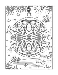 Winter holidays coloring page with beautiful bauble ornament, fir tree branches, christmas tree, snowbanks and snowflakes
