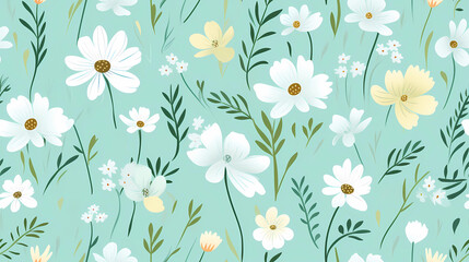 a refreshing palette of mint green and pastel flowers seamless pattern