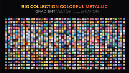 Mega set of gradients. Big collection colorful metallic gradient illustration. Gold, silver, sky, sea, coffee, coral, holographic, azure, bronze and ui gradients collection.